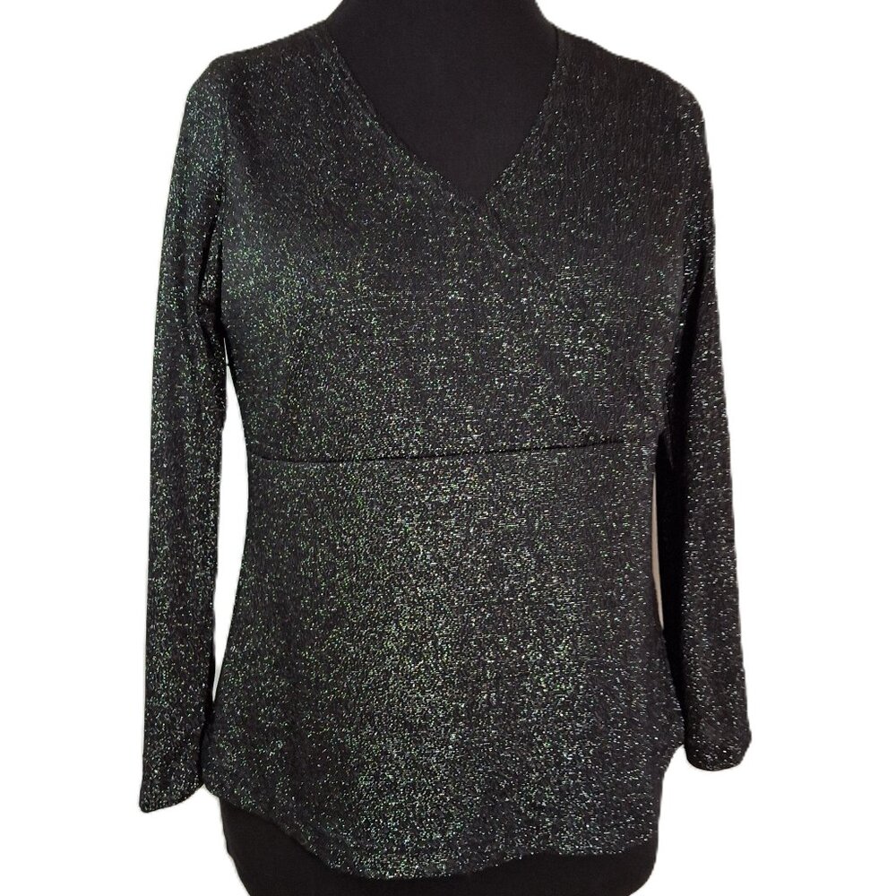 Glitter Black Gold Faux Wrap Empire Shimmer Holiday PartyTop Size L Long Sleeves